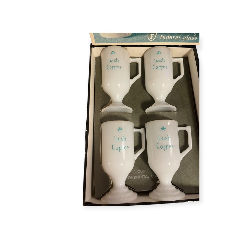 Federal Glass Milk Glass Irish Coffee Mugs Set of 4 Gold Rim VTG in original box - Picture 2 of 6